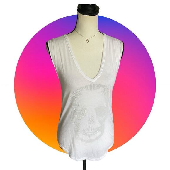 Zadig & Voltaire Brooklyn Strass White Skull Cotton Tshirt Sleeveless Top XS 0 2 - Picture 2 of 15